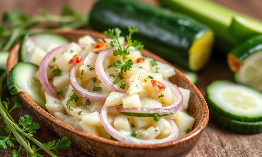 Fresh, creamy cucumber and onion salad recipe.