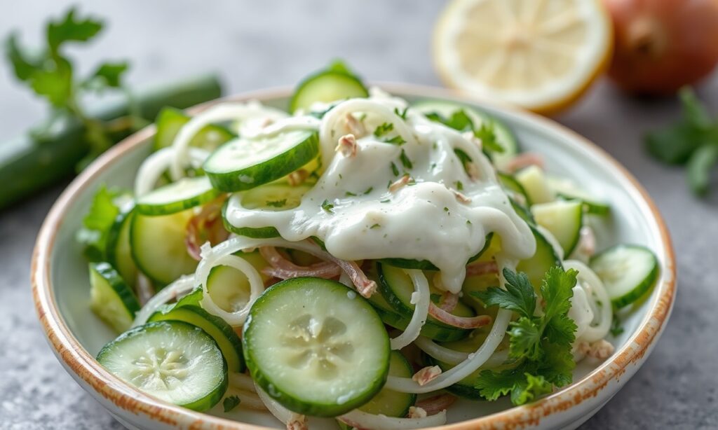 Refreshing creamy cucumber and onion salad recipe.