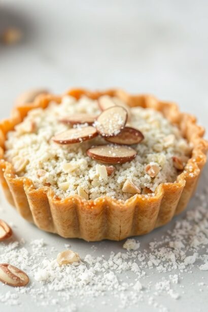 Perfect crumbly almond tart delight, close-up.