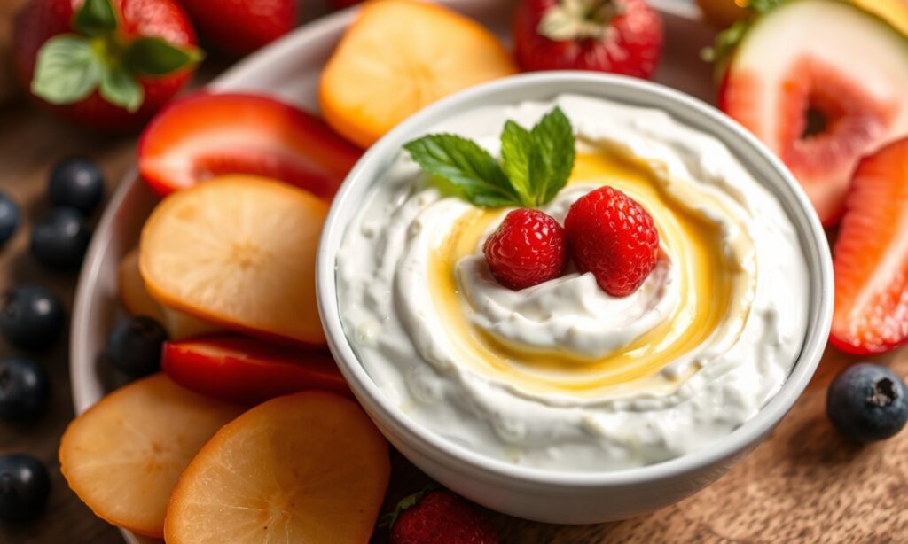 Creamy Greek yogurt fruit dip: healthy, delicious, and indulgent.