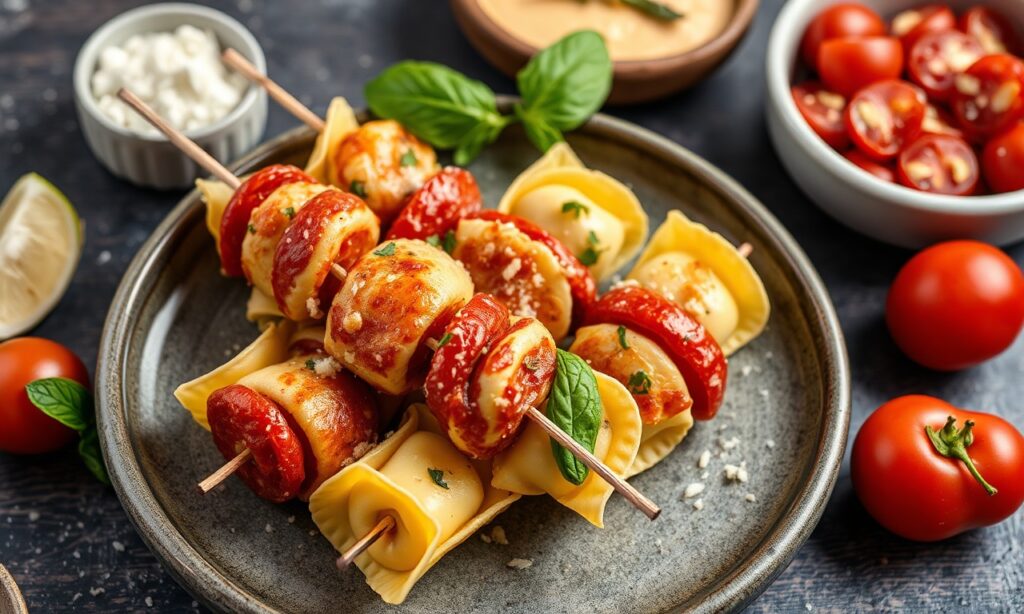 Delicious Easy antipasto tortellini skewers, a flavorful appetizer.