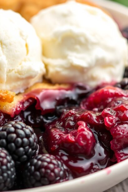Delicious old-fashioned blackberry cobbler dessert close-up.