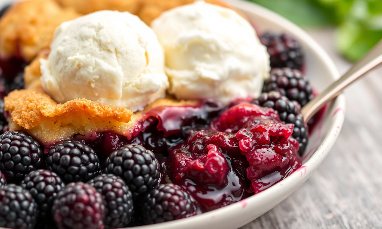 Delicious old-fashioned blackberry cobbler dessert close-up.