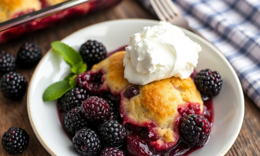 Delicious old-fashioned blackberry cobbler, warm summer dessert.
