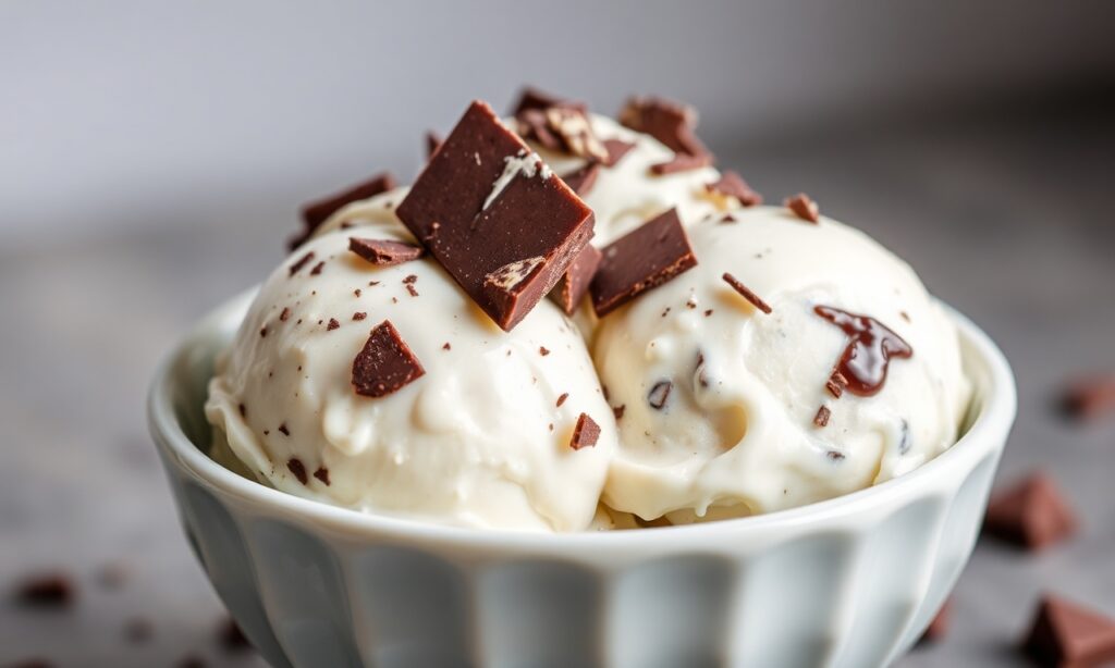 Delicious Authentic stracciatella gelato, creamy vanilla with chocolate shards.