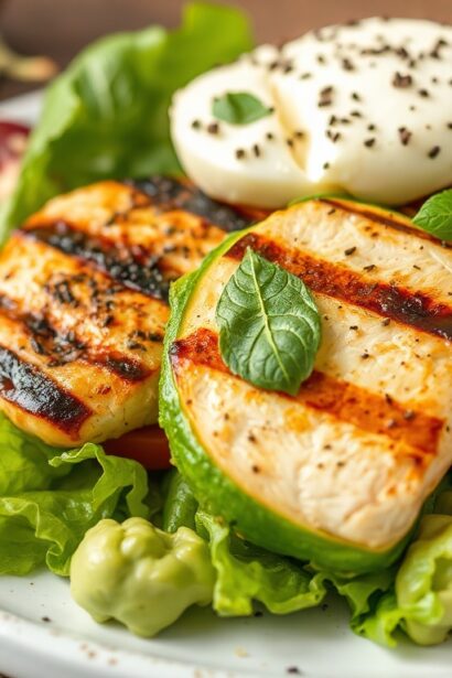 Delicious healthy grilled chicken avocado Caprese salad.