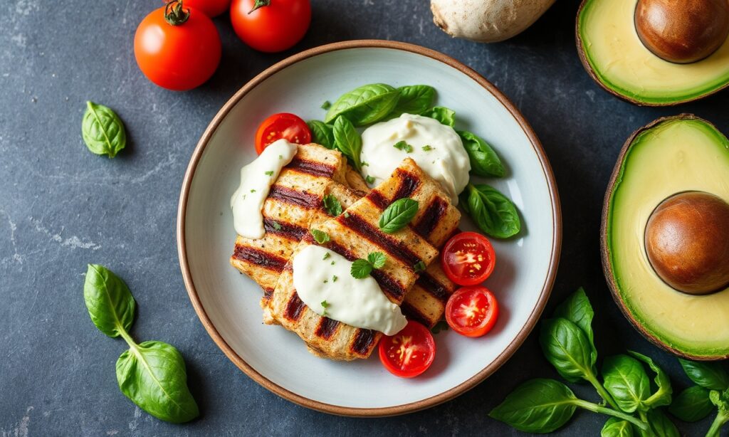 Delicious healthy grilled chicken avocado Caprese salad.
