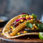 Miso-glazed eggplant tacos with vibrant corn salsa topping.