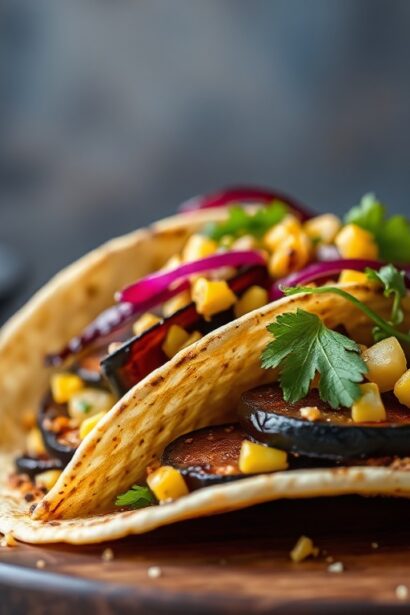 Miso-glazed eggplant tacos with vibrant corn salsa topping.