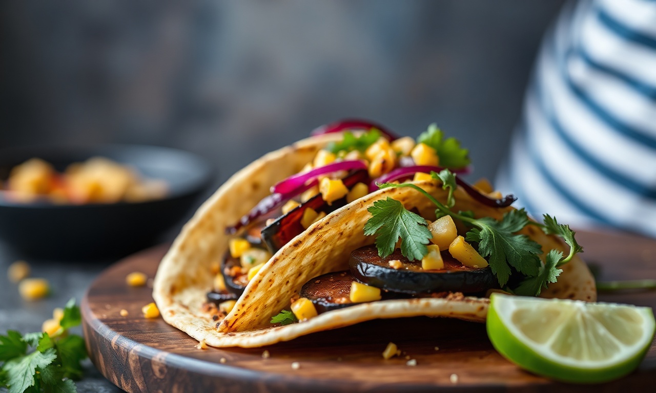 Miso-glazed eggplant tacos with vibrant corn salsa topping.