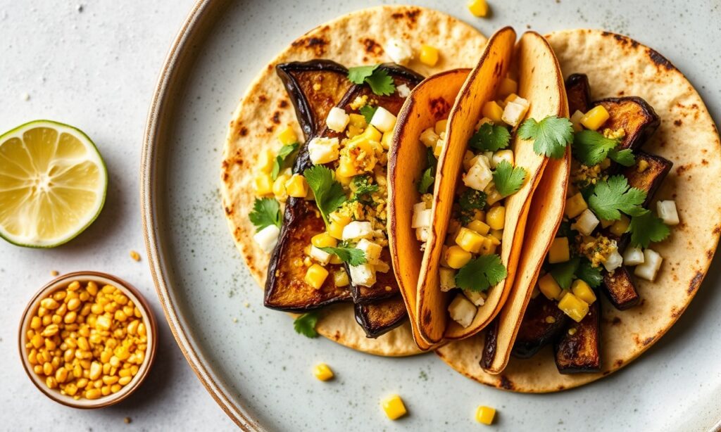 Miso-glazed eggplant tacos with zesty corn salsa, fresh zest.