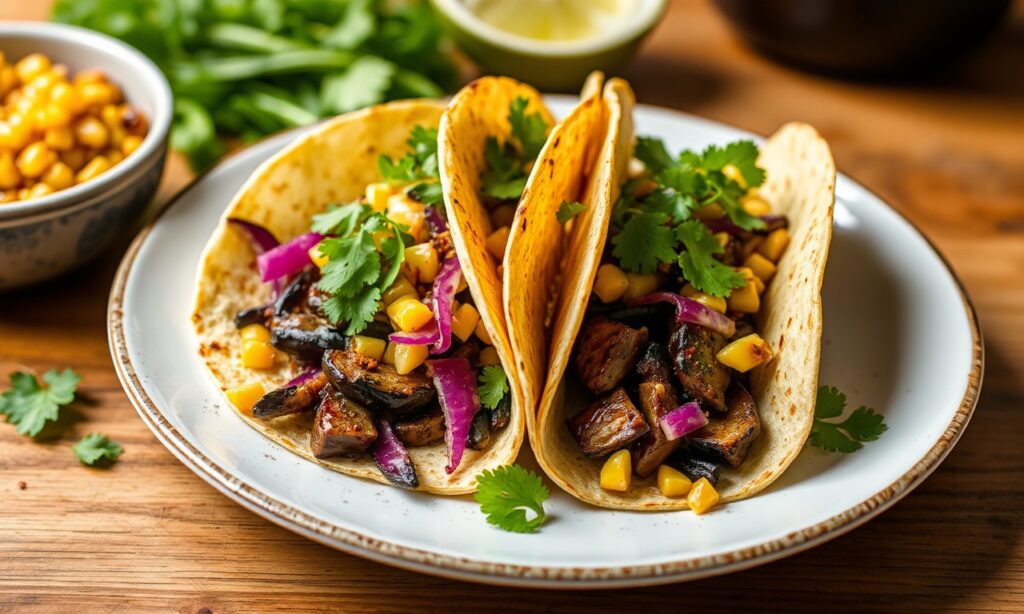 Miso-glazed eggplant tacos with zesty corn salsa.