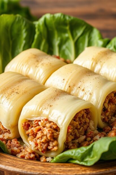 Delicious old-fashioned stuffed cabbage rolls with ground beef recipe.