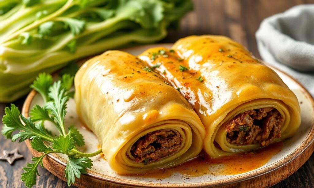 Delicious old-fashioned stuffed cabbage rolls with ground beef.