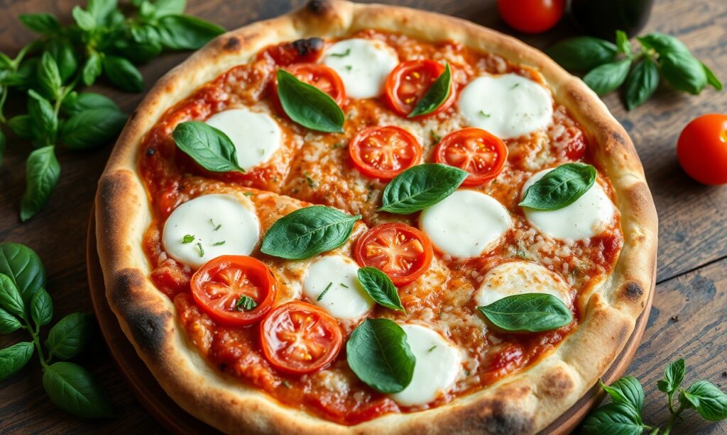Perfect classic Margherita pizza with fresh basil and mozzarella.