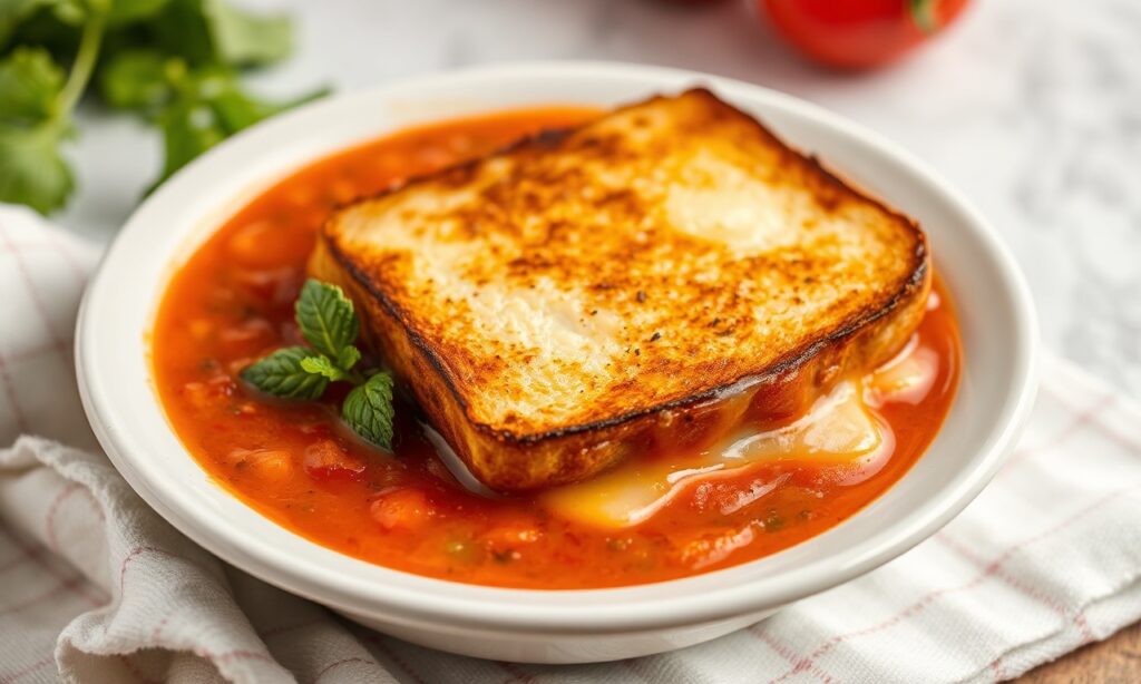 Delicious classic grilled cheese and tomato soup comfort food.