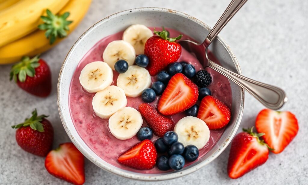 Satisfying quick strawberry banana power bowl for a vibrant morning boost.