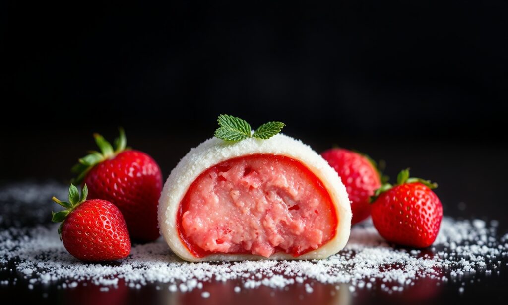 Delicious strawberry mochi: sweet tradition, fruity delight.