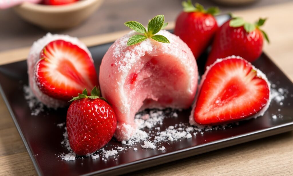 Delicious strawberry mochi: sweet tradition, fruity delight.