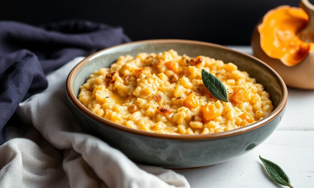 Creamy butternut squash risotto with sage, comforting autumn dish.