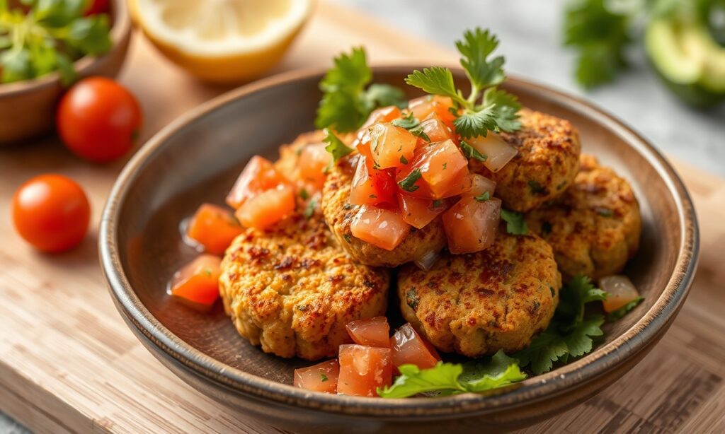 Crunchy falafel with fresh cucumber-tomato relish, a delicious and nourishing feast.