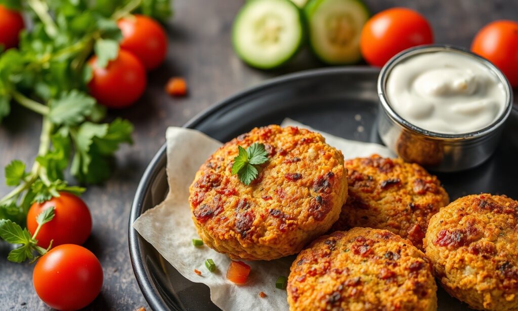 Crunchy falafel with fresh cucumber-tomato relish delight.