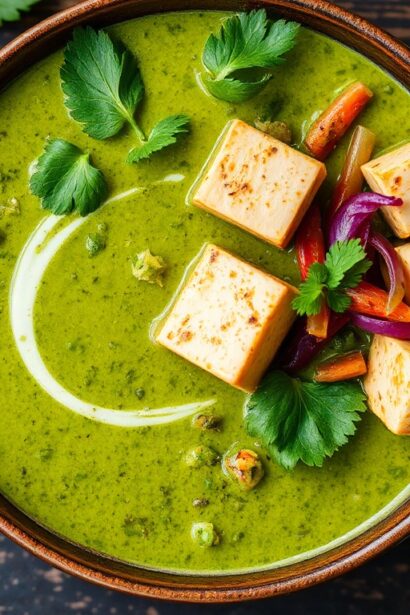 Vibrant Thai green curry with tofu and fresh vegetables.