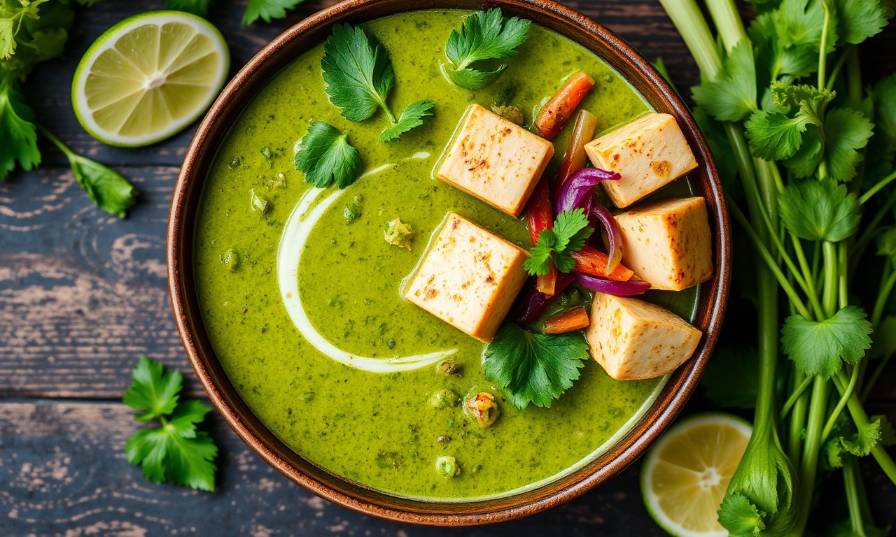 Vibrant Thai green curry with tofu and fresh vegetables.