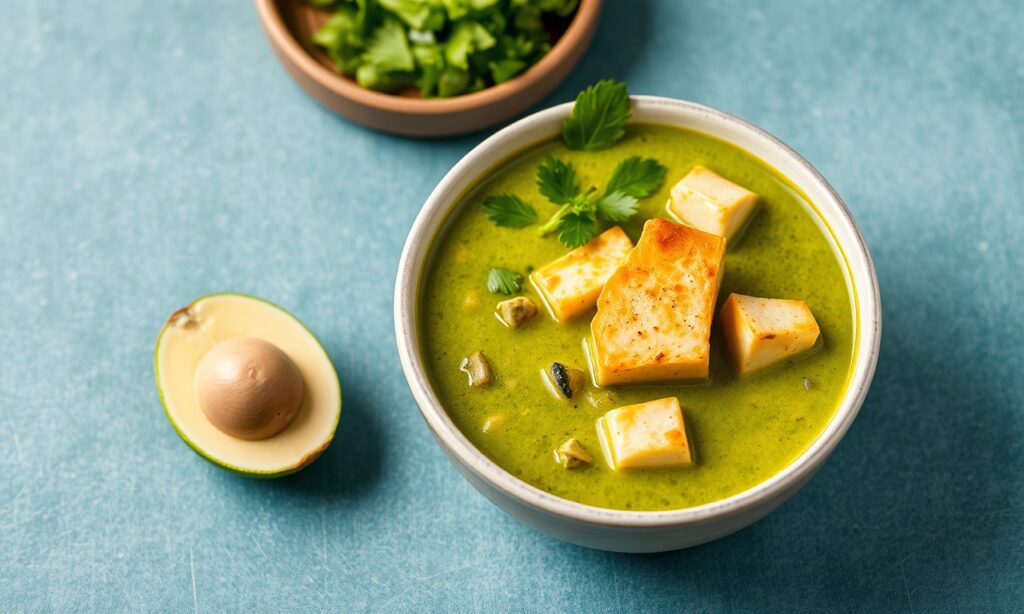 Vibrant Thai green curry with tofu and fresh veggies.