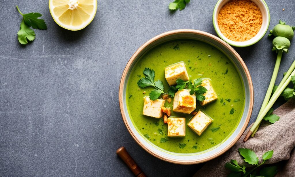 Vibrant Thai green curry with tofu and fresh vegetables.