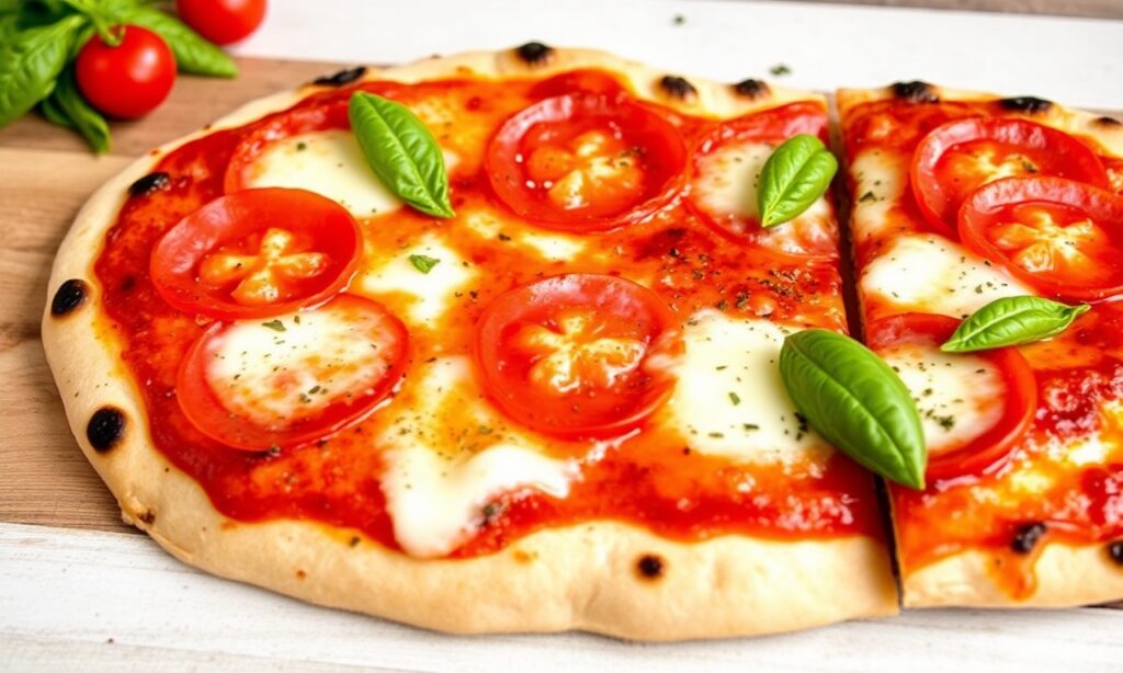Quick Margherita pizza on naan bread, ready in 10 minutes.