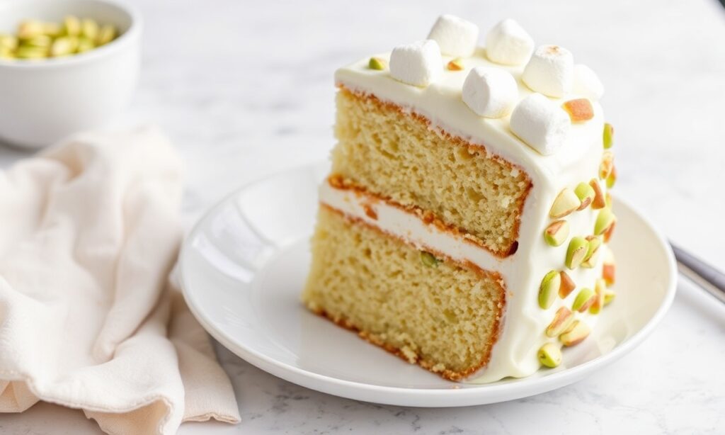 Delicious moist pistachio Watergate cake slice with creamy frosting.