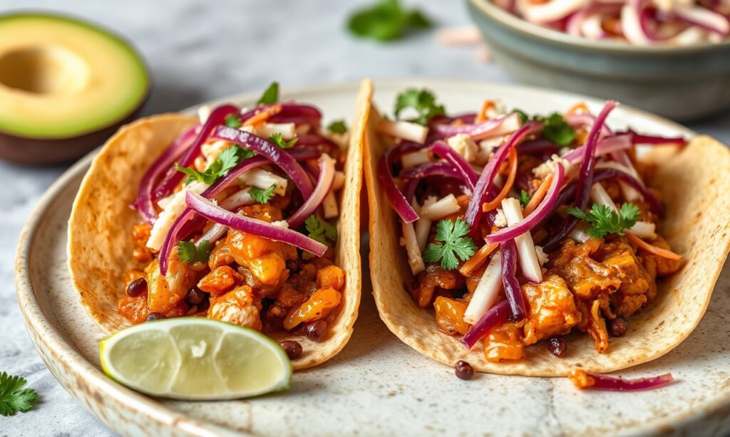 Irresistible vegan jackfruit tacos with crunchy slaw.