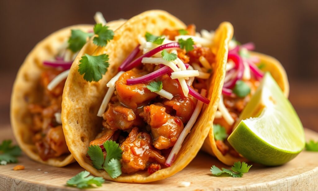 Irresistible Vegan teriyaki jackfruit tacos with crunchy slaw.