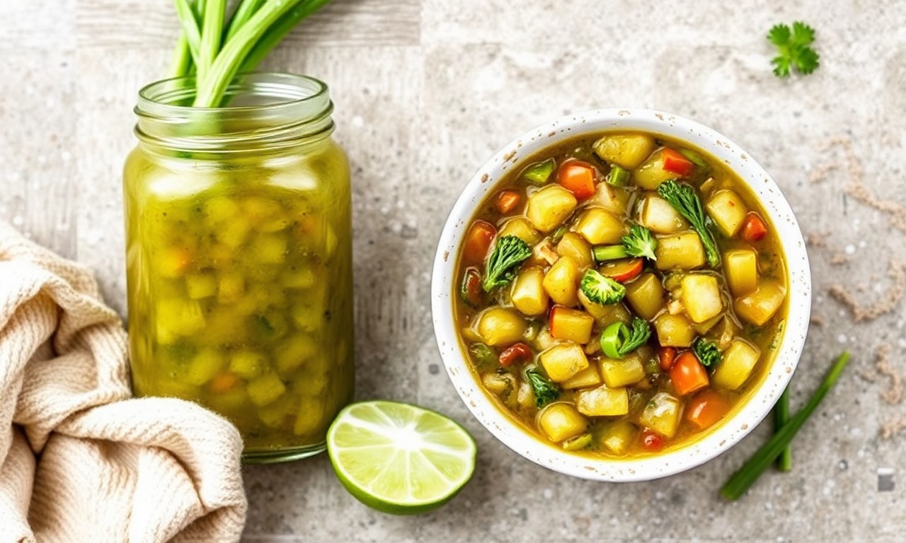 Tangy green tomato chow-chow relish, a zesty condiment.