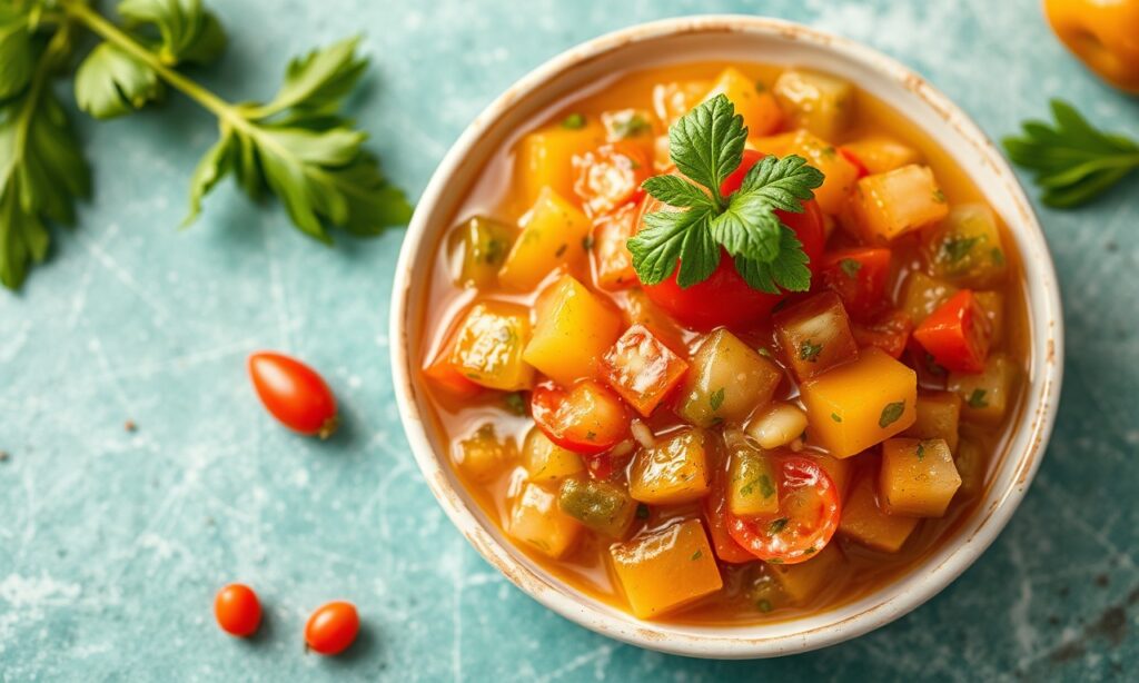 Tangy green tomato chow-chow relish: spicy, crunchy, classic.