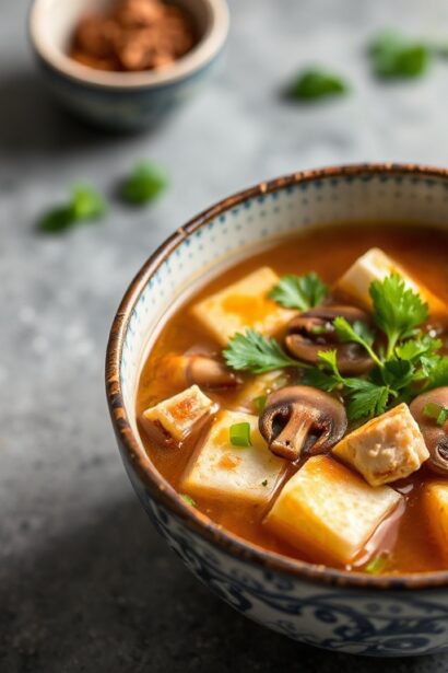 Perfect wholesome tofu mushroom soup for a cozy meal.