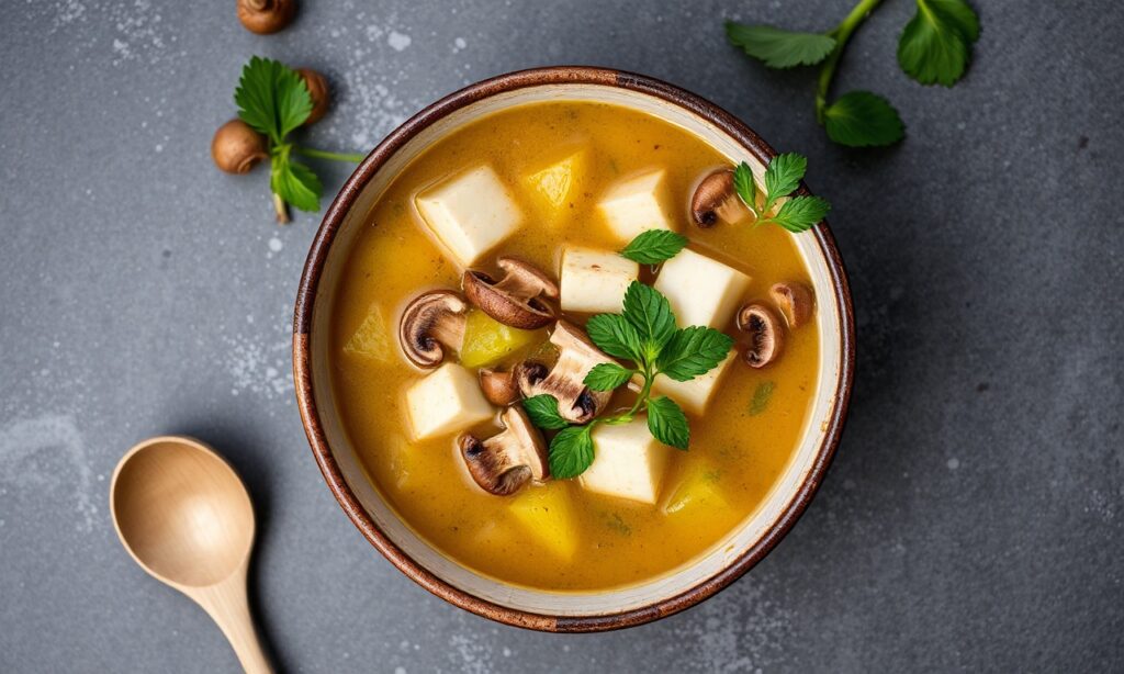 Perfect wholesome tofu mushroom soup, a comforting culinary hug.
