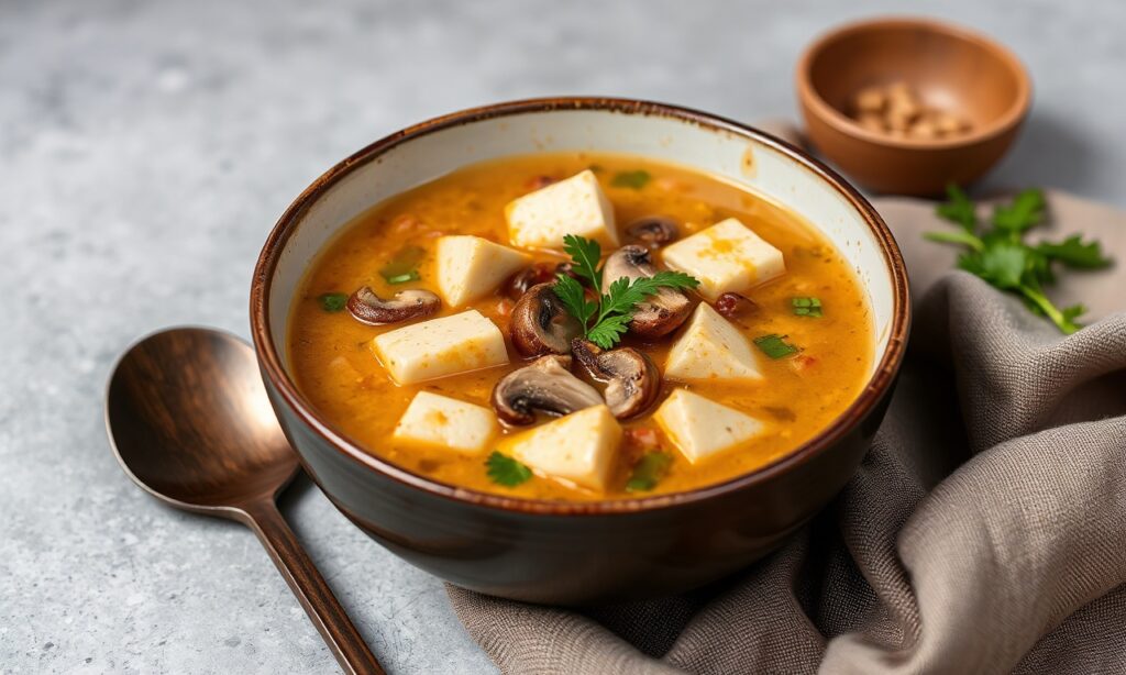 Perfect wholesome tofu mushroom soup for cozy winter nights.