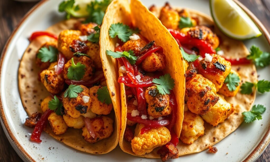 Perfect spicy roasted cauliflower tacos with a hint of heat.
