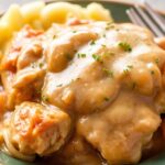 Comforting slow cooker chicken and gravy recipe.