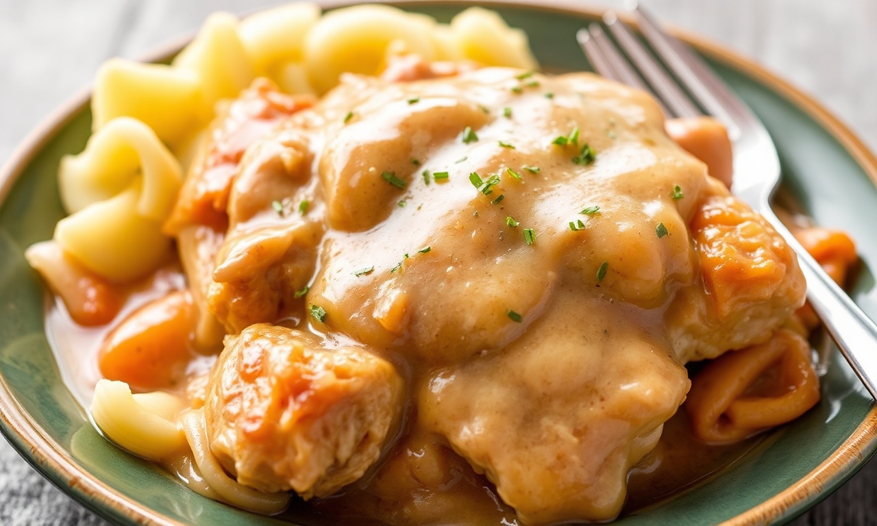 Comforting slow cooker chicken and gravy recipe.