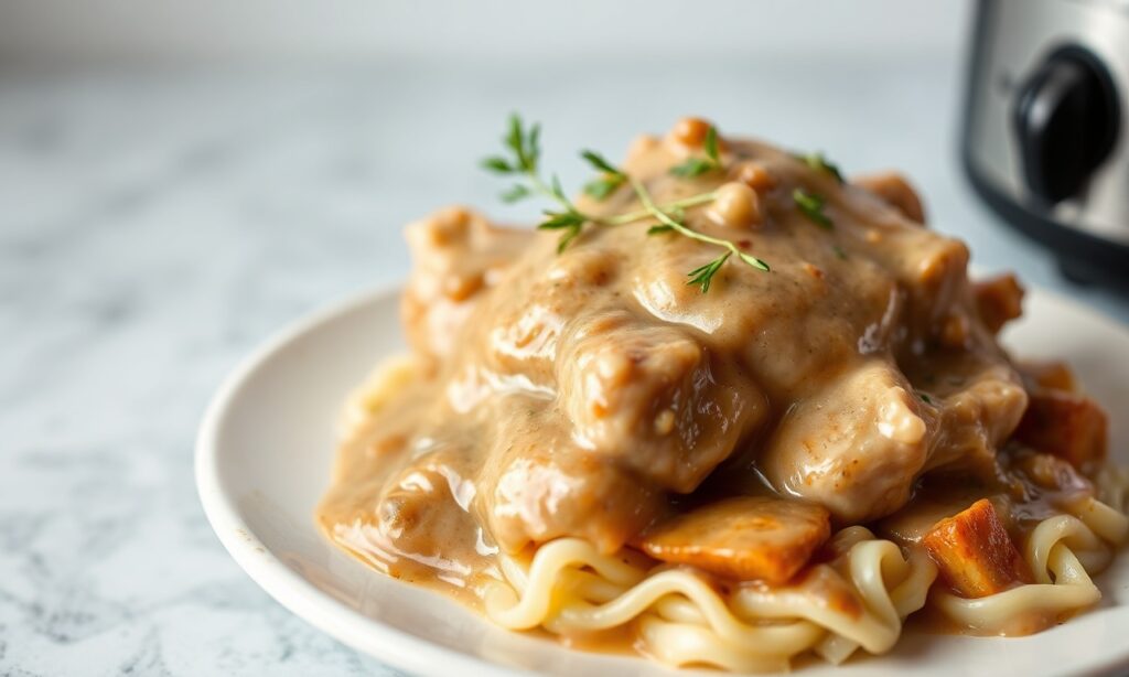 Comforting slow cooker chicken and gravy recipe.