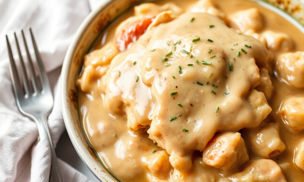 Comforting slow cooker chicken and gravy, a warm, nostalgic meal.