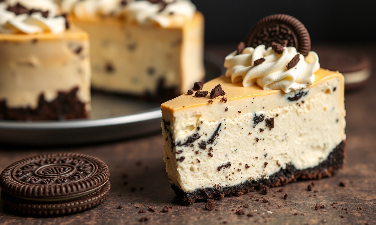 Decadent Oreo cheesecake with rich Oreo crust delight.
