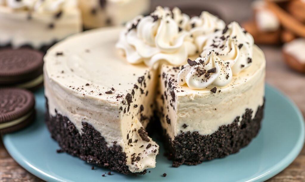 Decadent Oreo cheesecake with crunchy Oreo crust, a delightful indulgence.