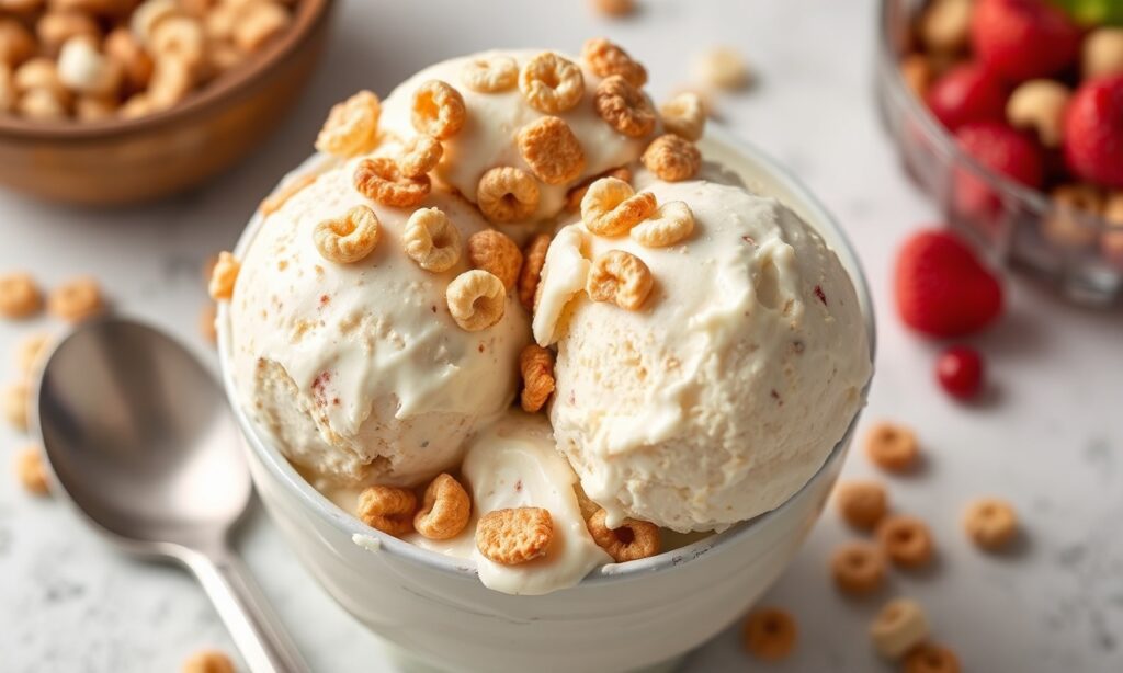 Heavenly creamy cereal milk ice cream: a nostalgic frozen treat.