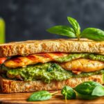 High-protein pesto chicken sandwich for a healthy energy boost.