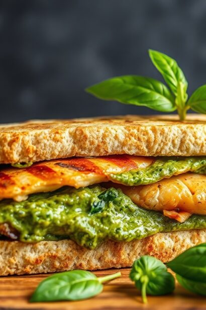 High-protein pesto chicken sandwich for a healthy energy boost.