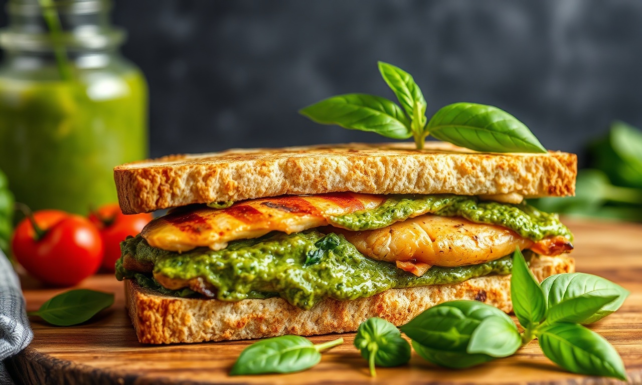High-protein pesto chicken sandwich for a healthy energy boost.